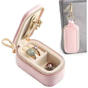 Z-KC60   Velvet Mini Travel Jewelry Case - 2-in-1 Ring Holder Keychain Organizer, Portable Clutch for Earrings/Necklace, Wedding Party & Vacation Daily Storage Bag Gift for Women (Pink)