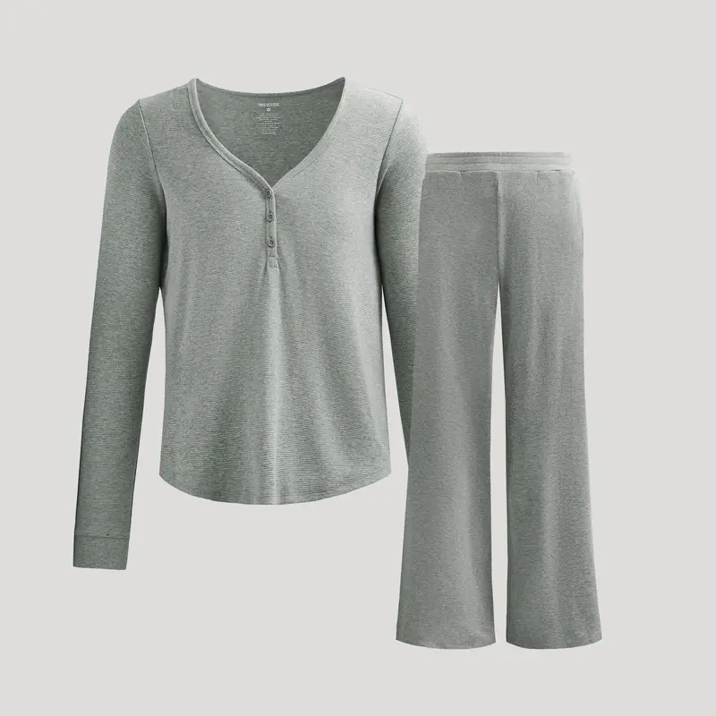 True Classic Women's 2-Piece Cotton Fabric Boxy Basic Waffle Knit Henley & Wide Leg Pant Set for Everyday Loungewear
