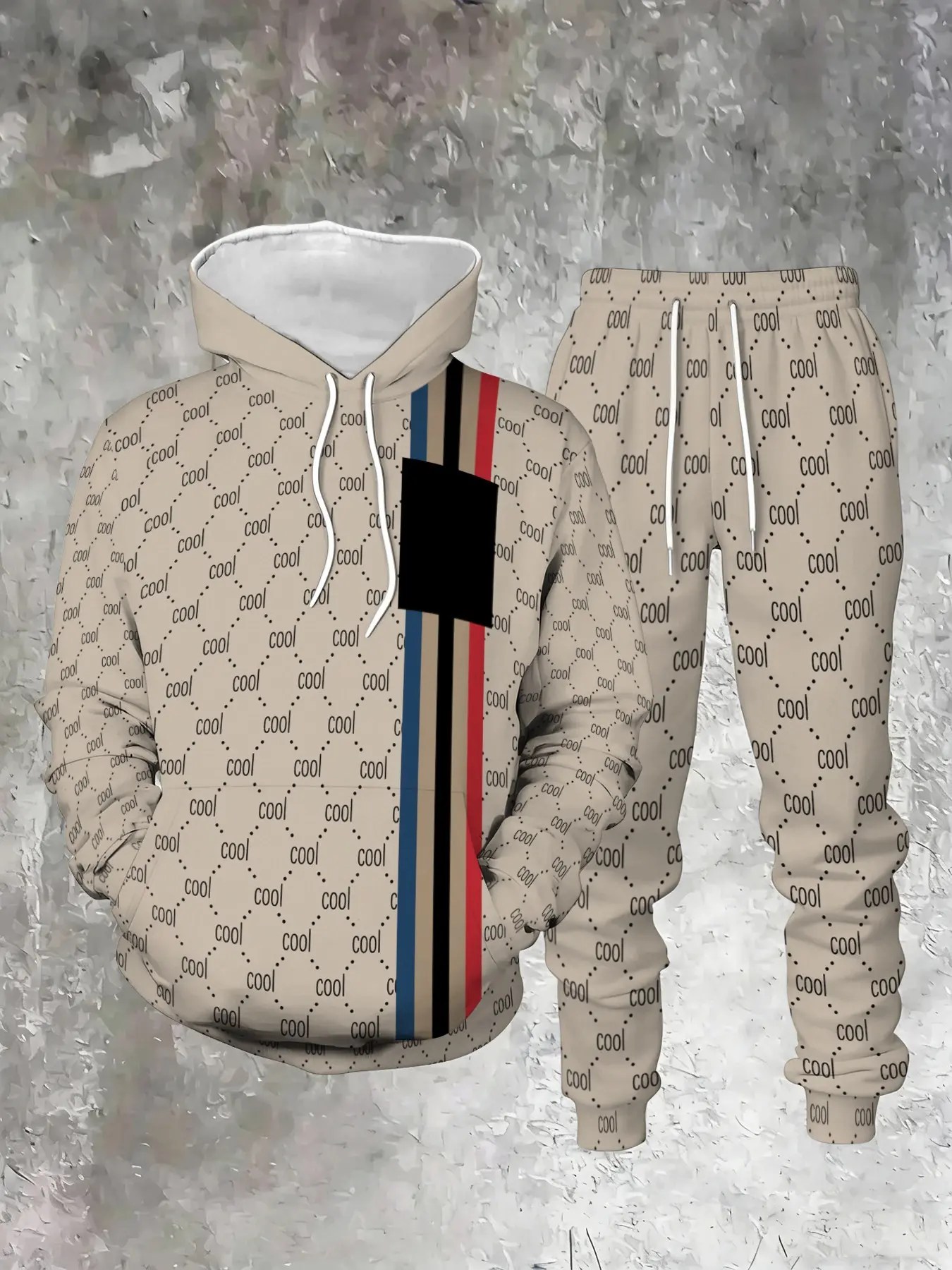 Fashion Casual Clothes 3D Digital Print Full Letter Stripe Knit Hoodie Set, Two-Piece, Pants, Long Sleeve, Natural Waist, Fall & Winter, Style
