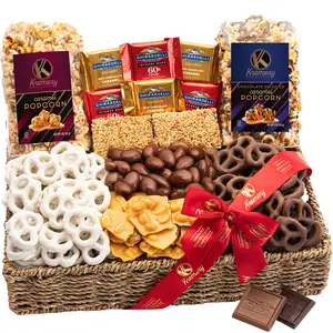 Creamy Chocolate Cravings Gift Basket - Chocolate Covered Pretzels & Caramel Popcorn Gift Basket, in Seagrass Tray