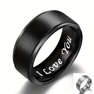 YOUO Elegant Men's Titanium Steel 'I Love You' Engraved Ring - Romantic Black Band with Creative Lettering, Ideal for Wedding, Anniversary & Valentine's Day Gift