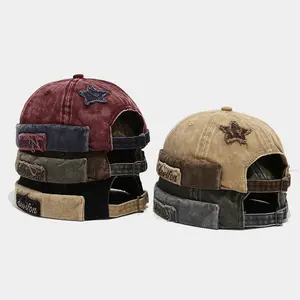 Washed Cotton Brimless Distressed Docker Cap Adjustable Street Casual Sailor Cap Skullcap Beanie Hat Landlord Hats