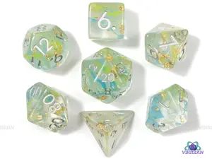 River of Gold | Blue, Green, Gold Leaf Glittery Resin Dice Set (7) | Dungeons and Dragons (DnD)