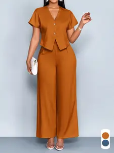 Women's Two-Piece Set Outfit Spring Summer Casual Elegant Plain Long Pants V-Neck Button Front Short Sleeve Top High-Waisted Wide-Leg Pants
