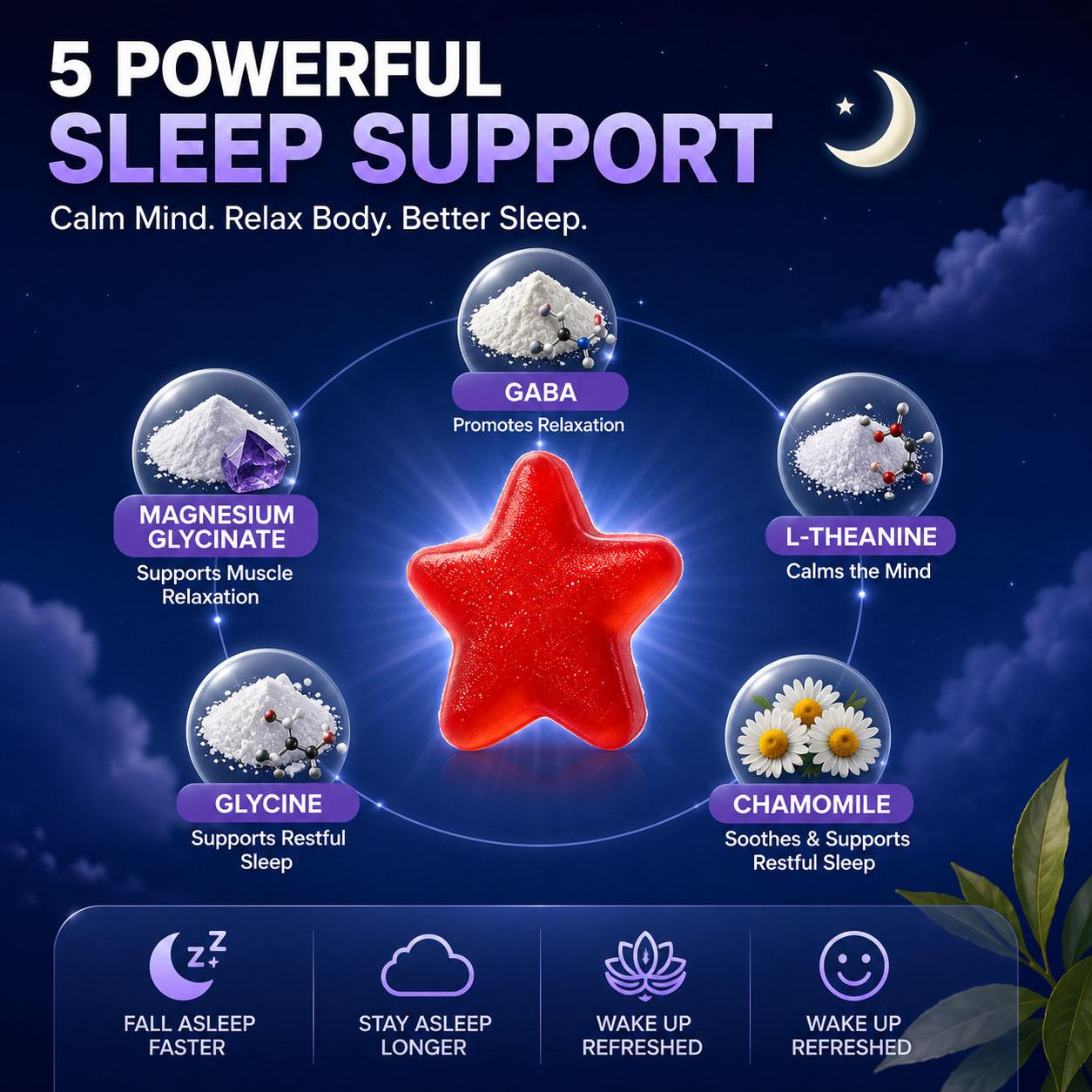 Natural Sleep Gummies - 60 Servings Sweet Strawberry Stars, Melatonin-Free Dietary Supplement for Wellness, Fitness Support (Excludes Creatine Gummies, Suitcase Sleep Pod, Mouth Tape)