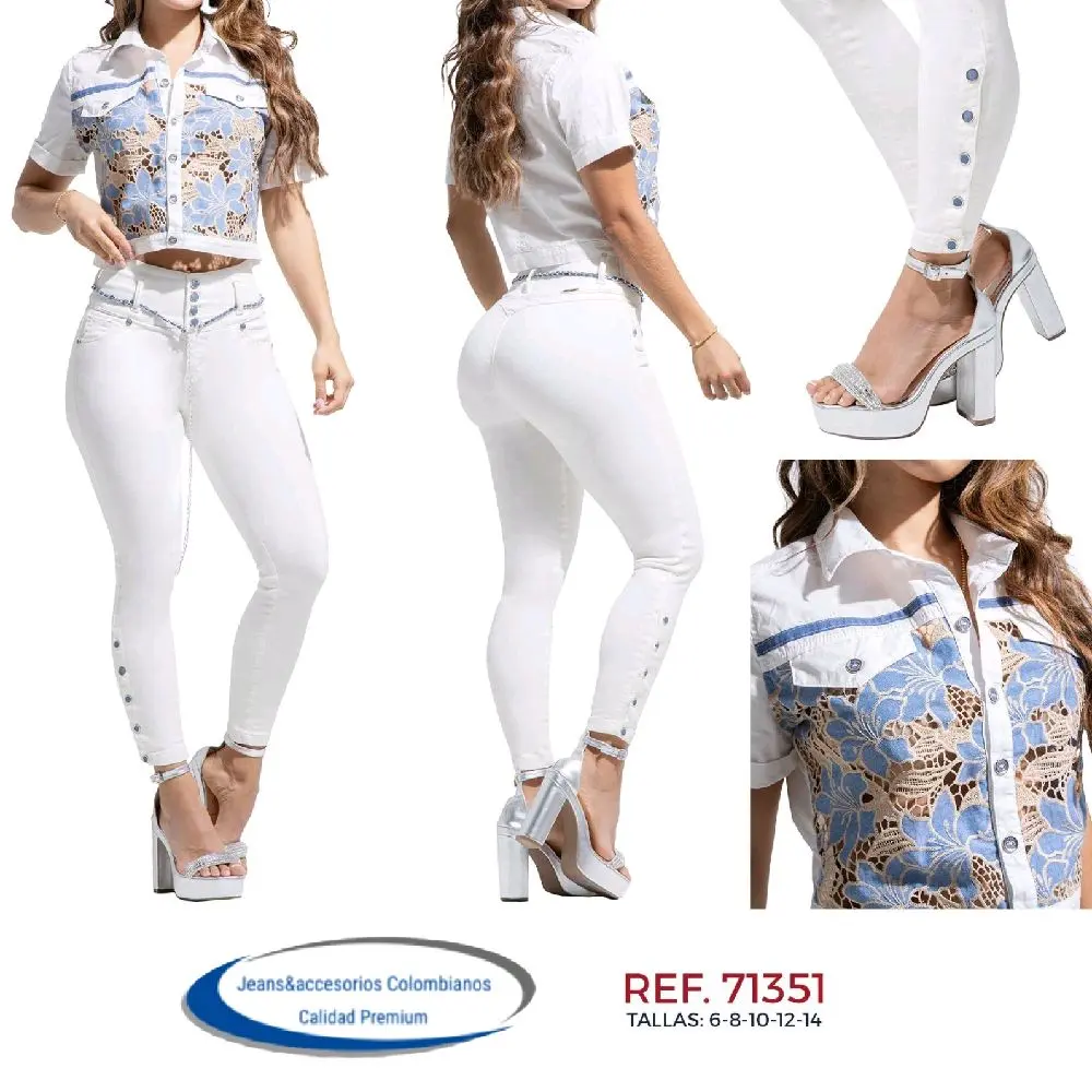 Colombian jeans set with a push-up effect and a shirt with embroidered flowers in blue and ivory tones, ideal for highlighting your figure with a feminine and sophisticated touch.