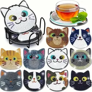 10-piece set of DIY diamond painting coasters, animal pattern diamond painting kit, wooden non-slip coasters with brackets for daily beverages, coffee and tea decoration, home and restaurant decoration