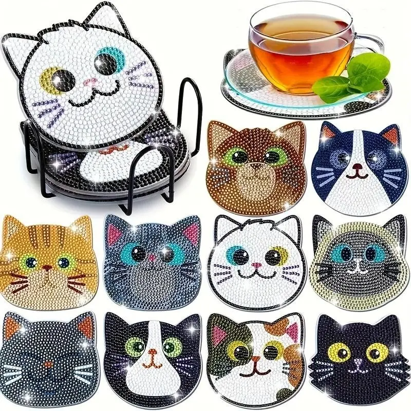 10-piece set of DIY diamond painting coasters, animal pattern diamond painting kit, wooden non-slip coasters with brackets for daily beverages, coffee and tea decoration, home and restaurant decoration, Diamond Art Coasters, Coasters for Drinks