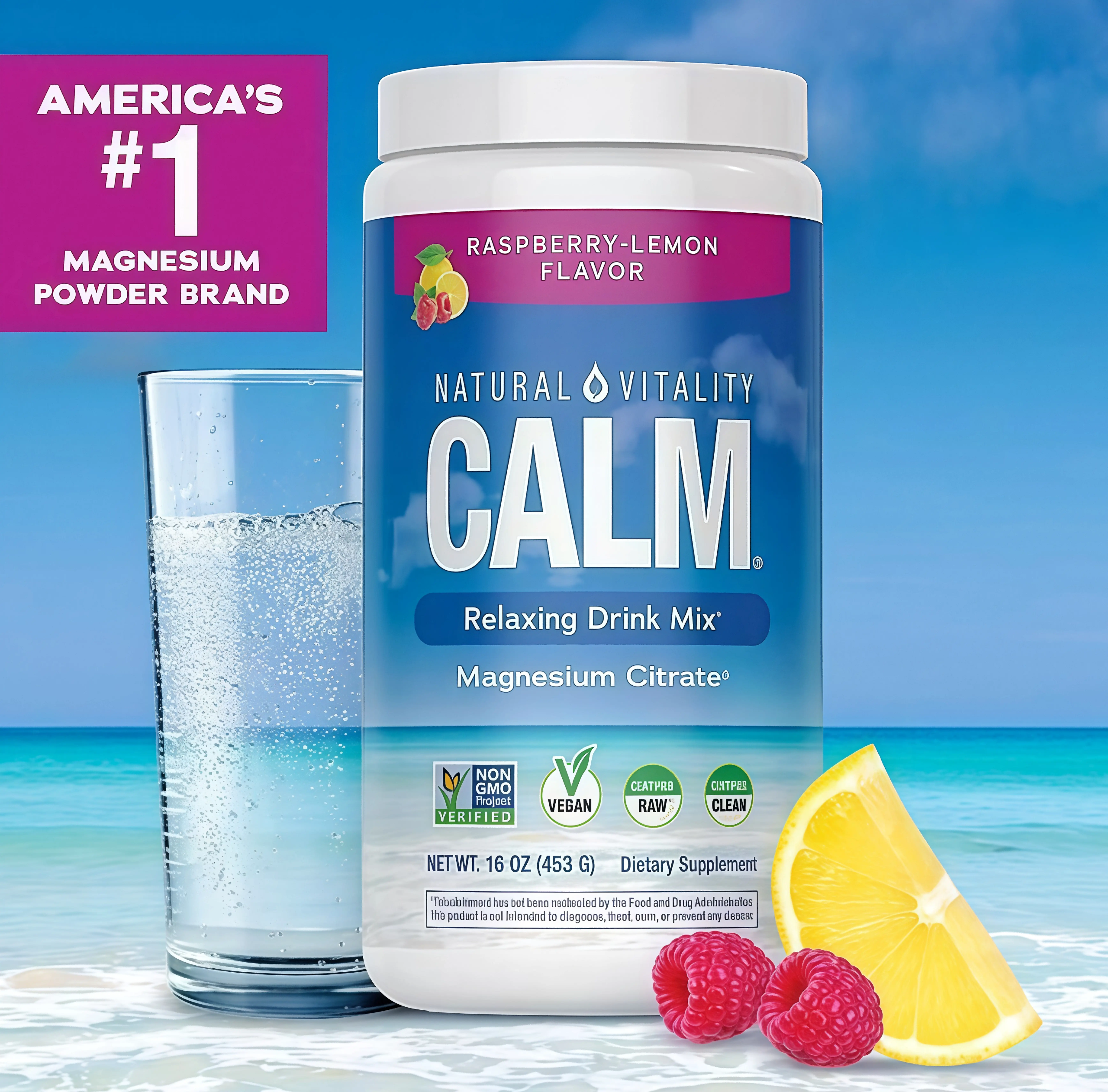 MaxCalm Relaxing Drink Mix FT- Anti Stress Drink Mix - With Ionic Magnesium Citrate + Glycinate - Raspberry Lemon Flavor - 16 oz (453 g) - 113 Servings