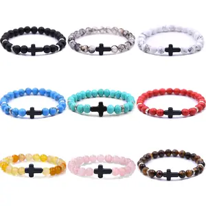 Cross Bracelets Couples Bracelets, Cross Beads Bracelet for Men Women, Cross Bracelets for Christian Lava Rock Turquoise Tiger Eye Natural Bracelet Anxiety Stretch Elastic Healing Bracelet
