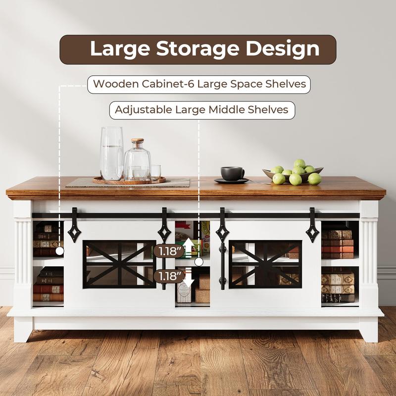 IRONCK 48'' Coffee Table with Sliding Barn Doors, Rustic Center Table with 6 Large Storage Space, Glass Doors and Adjustable Middle Shelf, Farmhouse Coffee Tables for Living Room