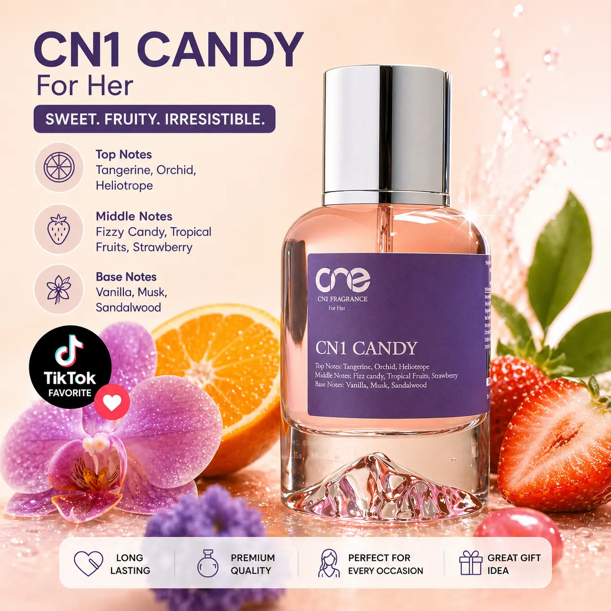 CN1 Candy, Delightful Fragrance with Musk Scent Top Notes of Tangerine Orange Orchid Petals Fizz Candy Tropical Fruits Ripe Strawberry Rich Base Vanilla Sandalwood