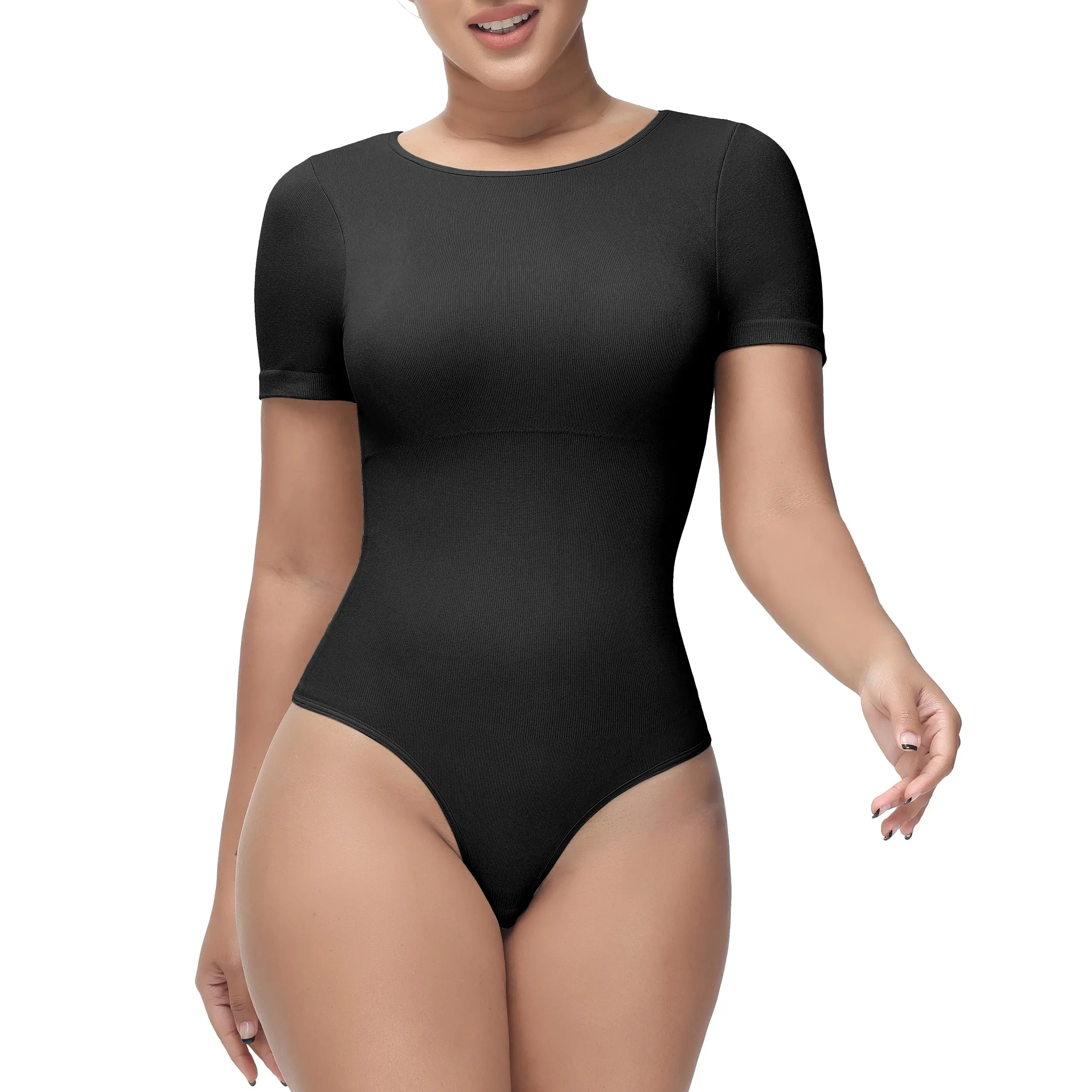 Soo Slick Women's Shapewear Bodysuit - Tummy Control, Crew Neck, Short Sleeve with Thong Design, Removable Padding for Comfort, Perfect for Everyday Black Minimalist