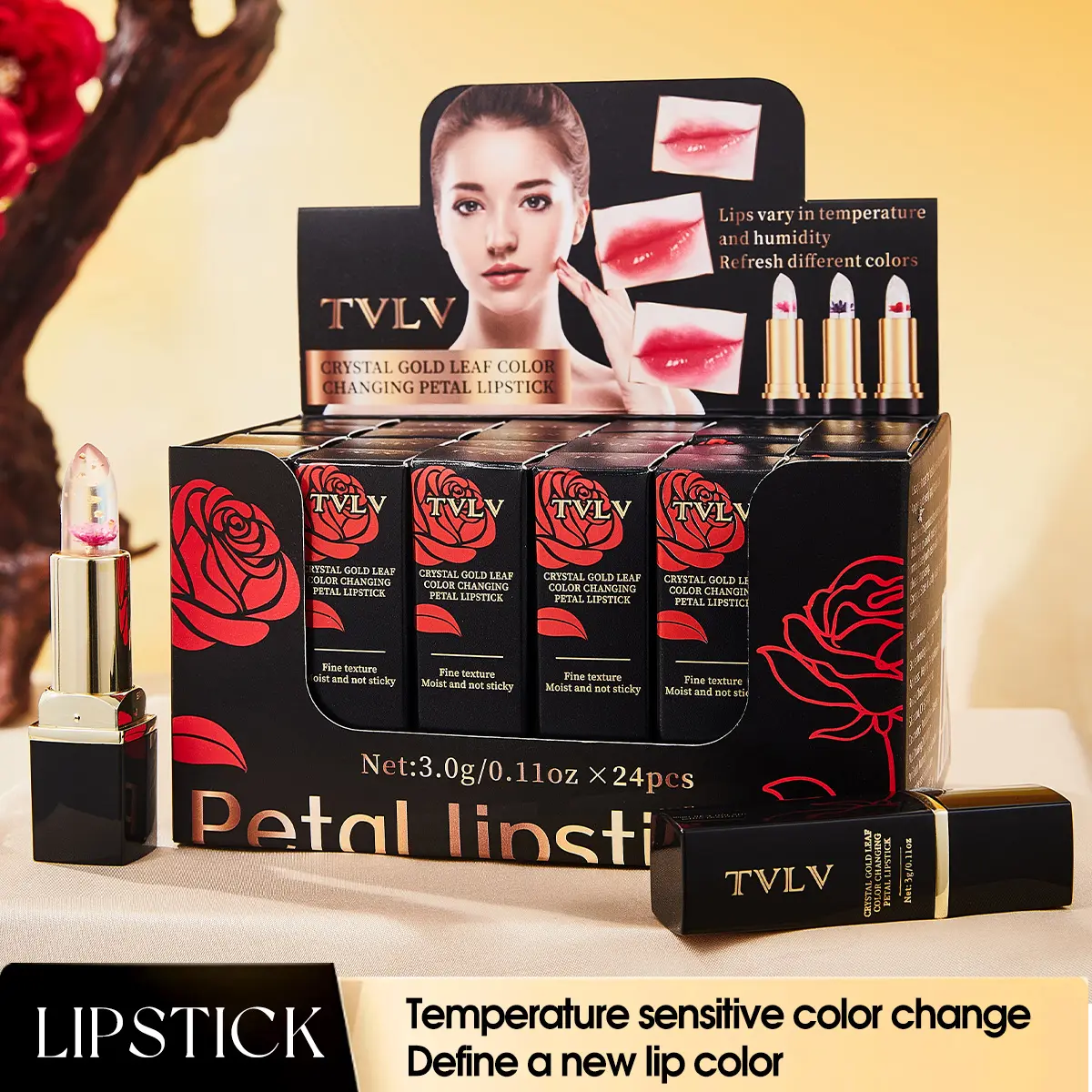 3-Pack Thermochromic Makeup Cosmetic Lipstick Set - Red/Purple/Pink Shades, Waterproof Gold Foil Petal Design, Moisturizing Non-Transfer Color-Changing Flower Lipgloss Lip Balm, Compact Lightweight Smooth, Sensitive-Skin Friendly Hydrating Crystal Formula