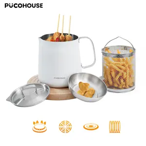 2L White Deep Fryer, Deep Fryer with Basket and Lid Fryer Pot with Basket, Grease Container with Strainer and Lid, Multi-Stove Compatible, For French Fries/Christmas Snacks, Free Heat-Resistant Oven Mitt