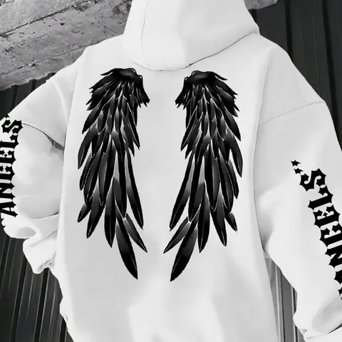 Men's Dark Wing Print Hoodie, Classic Hooded Style, Casual Loose Fit, Fall & Winter Fashion, Comfortable and Practical Design, Printed Hooded