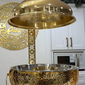 Exquisite 8 Quart Round Gold Chafing Dish with Lid and Stand Elegant Buffet Server for Catering and Special Events Buffet Warmer Chafer Premium Stainless Steel Opulent Design