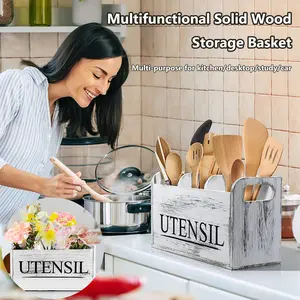 Cutlery Storage Box Kitchen Utensil Holder Wooden Large Utensil Storage Organizer Suitable for Storing chopsticks, spoons, spatulas, knives and forks Kitchen Utensils Storage Box Cooking Tools Kitchen Gadgets Bedroom Storage Car Storage Basket