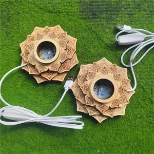 Lotus Shape LED Wooden Crystal Ball Stand Night Light Natural Stone Sphere Quartz Bracket Modern Computer Lamp Nightstand Lamp Decorative Lighting