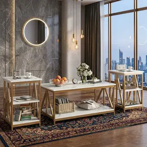 3 Pieces Industrial Style Table Set,White Gold Irregular Coffee Table With 2 Square Side Tables,Sturdy Metal Frame Multifunctional Living Room Center Table Combination Furniture For Home Apartment Office Decor