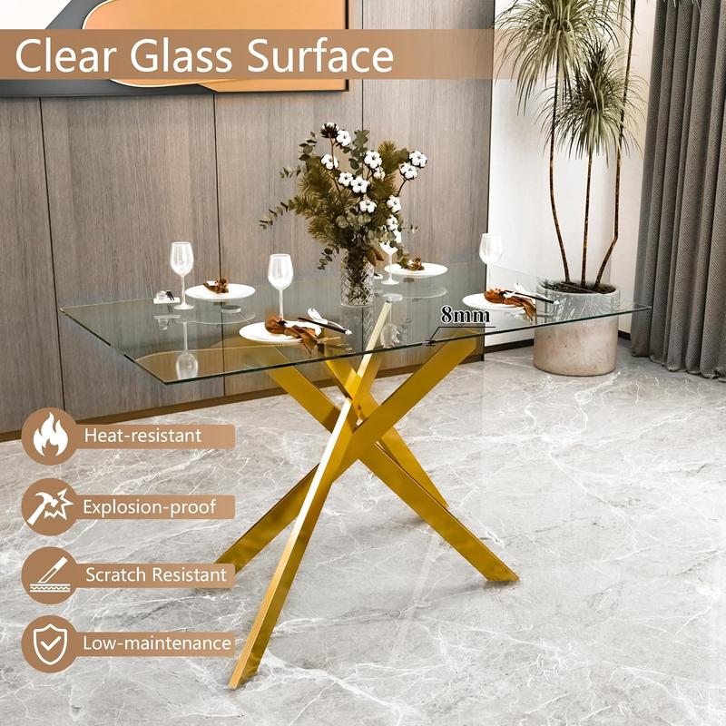 51.18" Rectangular Tempered Glass Dining Table with Gold Metal Legs Modern Kitchen Table for Dining Room Easy Assembly 8mm Thick Glass 250lbs Capacity