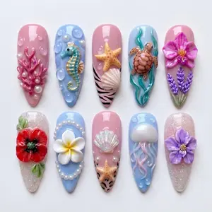 Handmade 3D Ocean Summer Beach Mermaid Press On Nails,  Flower Sea Turtle Nail Art
