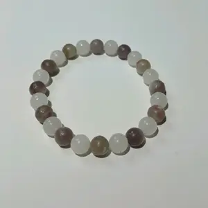 Amethyst & White Jade Beaded Bracelet 8-inch Round Handmade Natural Stone Jewelry for Women & Men Elegant Everyday Wear Accessory