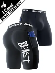 Bold “BEAST” Print Performance Shorts – Men’s Black Compression Fit, Stretchy & Breathable with Pockets, Built for Training, Gym & Basketball, Running Workout Shorts