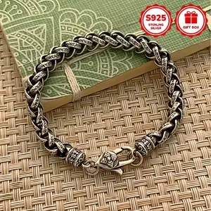 S925 Silver Om Mani Padme Hum Cuban Link Bracelet, Retro Oxidized Engraved Silver Chain for Men & Women outdoorfun