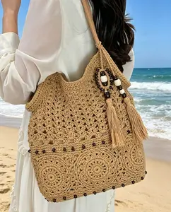 Fashion wooden bead tassel single-shoulder cotton thread woven bag, new casual hollow straw bag, seaside vacation style beach bag