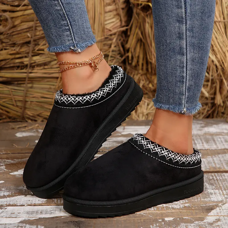 Women's Snow Boots Cotton Slippers Winter Fashion Padded Warm Slip On House Outdoor Indoor Slippers Black