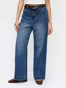 Cider Denim Mid Rise Washed Elastic Waist Wide Leg Jeans