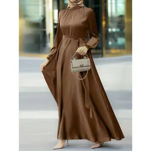 Ramadan Solid Belted Crew Neck Burqas, Elegant Long Sleeve Dress, Women's Clothing