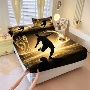 3-Piece Stylish Golden Soccer Player Fitted Sheet, Skin‑Safe Comfortable Bedding, Secure Deep Pocket Mattress Cover, Perfect Gift Bedding for Football Fans, Teen Boys, Holiday Home Decoration, Guest Bedroom, No Filler