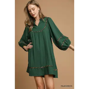 Umgee Textured Babydoll Dress with Leopard Trim