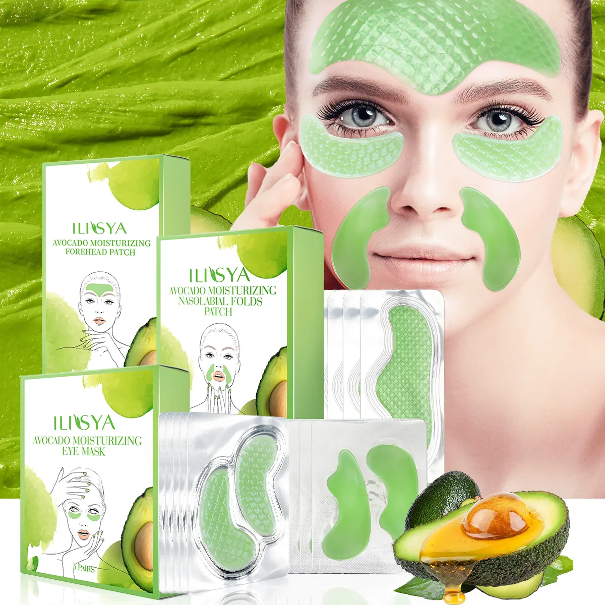 ILISYA Avocado Facial Care Set, eye Patch/Law Patch/Forehead patch, collagen material, containing niacinamide and shea butter extract, firm and nourish dry skin, deeply hydrating and moisturizing, good for men and women summerwins