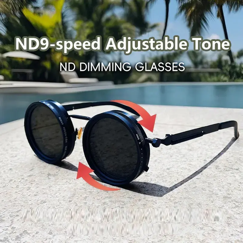 ND9 Adjustable Polarized Round Sunglasses with Dimming Lenses - Unisex Retro Punk UV400 Sun Protection Eyewear for Driving, Fishing, Casual Everyday Use