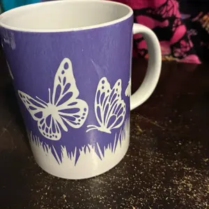 Butterflies in the Field 15oz Ceramic Coffee Mug Purple with White Butterfly Design and Grass Pattern Drinkware Washable Gift