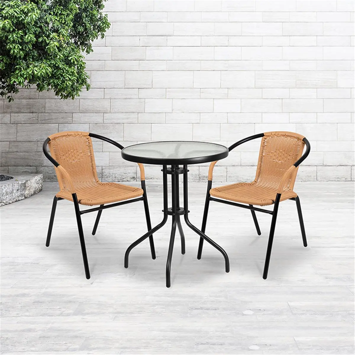 212 MAIN Pack of 2 Beige Rattan Wicker Indoor & Outdoor Restaurant Stack Chair with Integrated Arms, Woven Slats, Fully Assembled Patio Chair, Modern