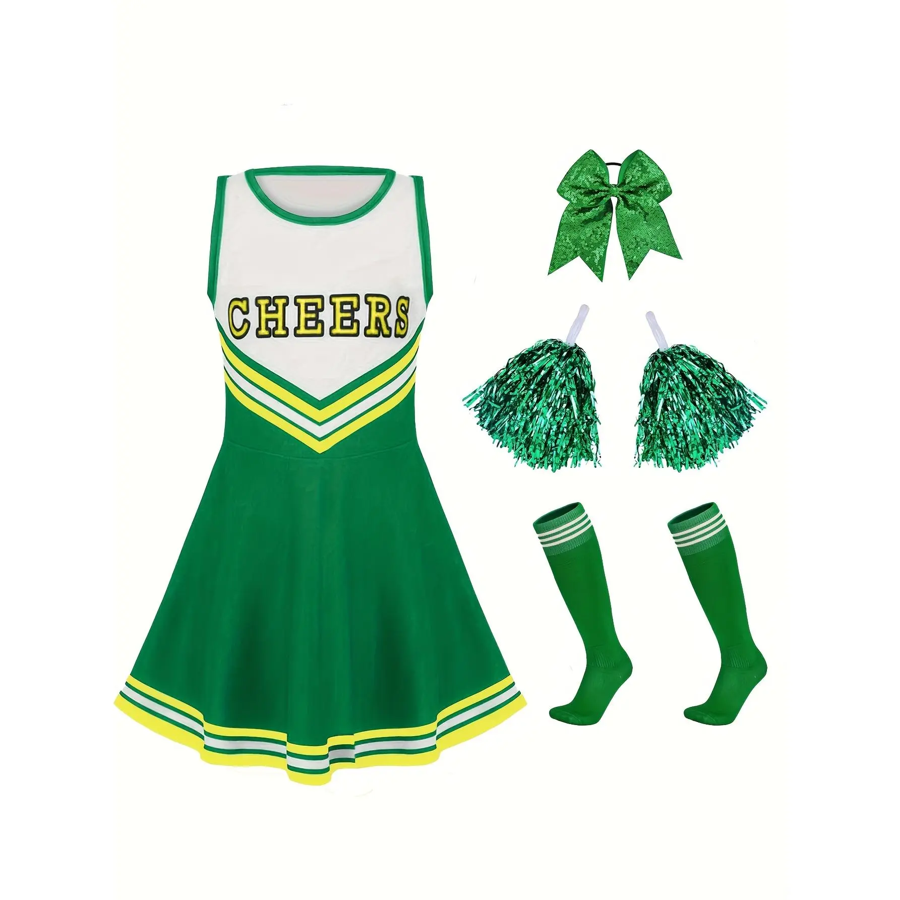 Women's 6-Piece Cheerleader Costume Set, Knit Alphabet Print Outfit with Pompoms and Socks for Halloween & Sports Events, Accessories, Clothes, Women's Clothes, Cheerleading, Halloween Costume, Crew Neck, Costume Ideas