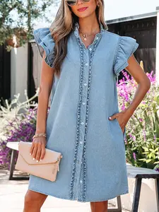 Frilled Detail Button Down Ruffle Short Sleeve Denim Mini Dress,  Shift Mini Dress With Side Pockets for Daily and Casual. Womenswear Womenswear.
