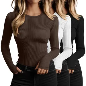 3 Pack Women's Cotton Ribbed Long Sleeve Tops with Thumb Holes, Crew Neck Undershirt Slim Fit Stretchy Layering Shirt