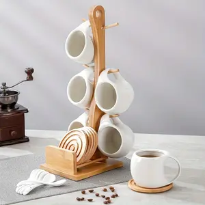 6pcs Ceramic Coffee Cup Set with Wooden Coaster and Hook Cup Holder, Mug Tea Cup and Water Cup Set Suitable for Latte Cardamom Coffee, Home Office Coffee Shop, Holiday Gift Birthday Present