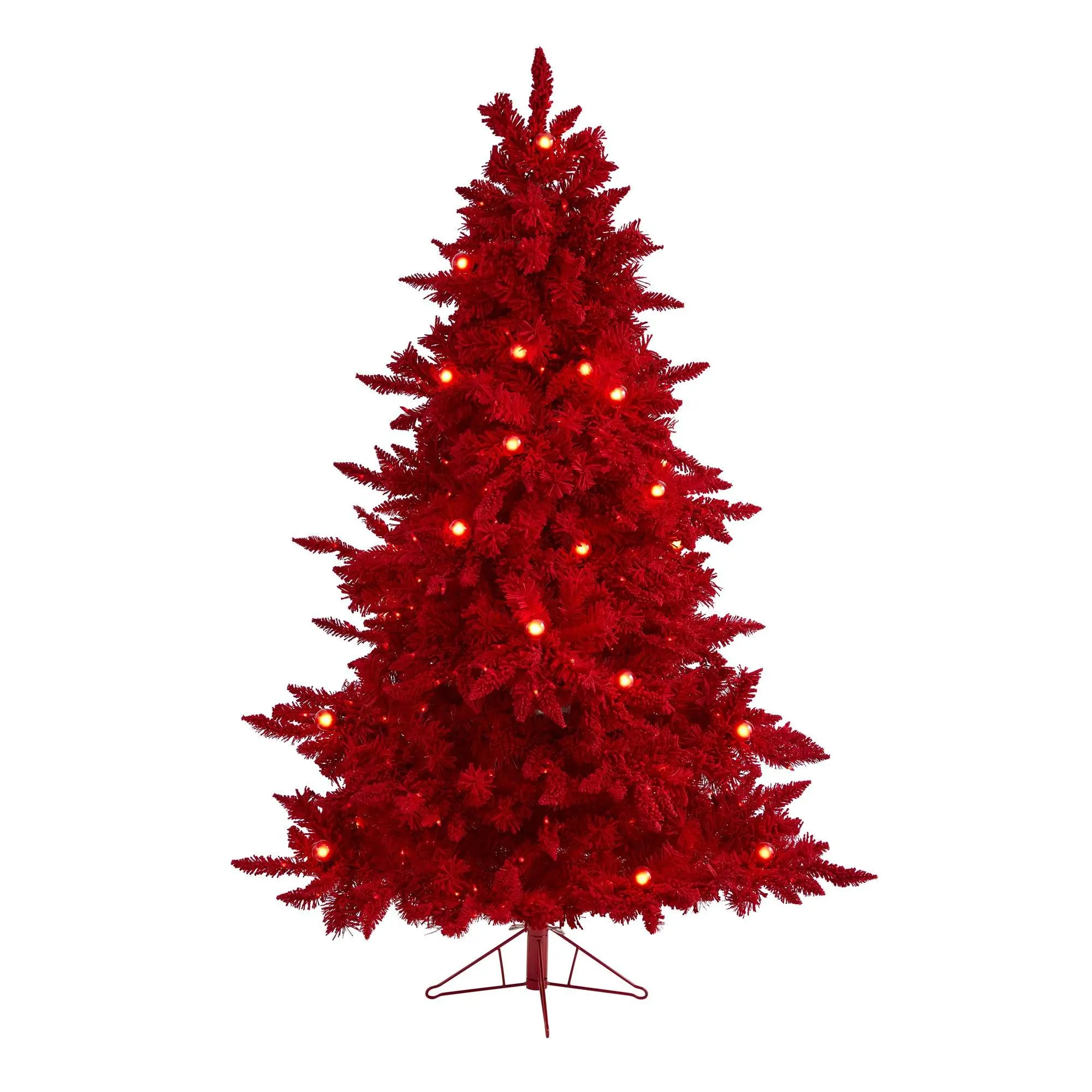 6' Red Flocked Synthetic Fraser Fir Artificial Christmas Tree - Festive Holiday Decor with 350 Red Decorative Lights, 33 Globe Bulbs, 748 Bendable Branches, Colorful Holiday Ornaments, Festive Decor