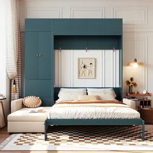 ARCH Queen Size Murphy Bed Wall Bed with Sofa and Shelves,Green Panel, Beige Sofa(OLD SKU:LP000765AAA)