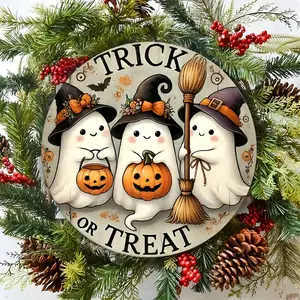 Vintage Halloween Round Metal Sign Wreath - "Trick or Treat" Ghosts Design, Seasonal Fall Art Wall Hanging, Unique Gift for Bedroom, Office, Living Room, Cafe, Bar, Wall Decor, Dorm Decoration - Major Material: Iron