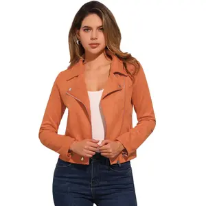 INSPIRE CHIC Women's Zip Up Faux Suede Biker Moto Jacket Large Orange