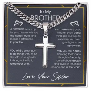 Cross Cuban Link Chain, To My Brother Necklace From Sister, Meaningful Brother Gift With Message Card & Gift Box, Brother Jewelry Gift For Birthday, Christmas & Graduation, Inspirational Cuban Chain Necklace For Men