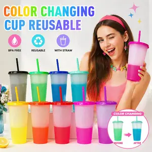Color Changing Cups, 10 Pack 24oz Plastic Tumblers 710ml, Reusable Iced Coffee & Smoothie Cups with Lids and Straws for Parties and Travel