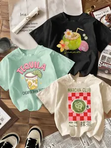 Breathable Casual T-Shirt, Loose Fit Round Neck Design, Coconut & Lemon Juice & Matcha Print, Fashion Comfort, Daily Wear, 3 Pack